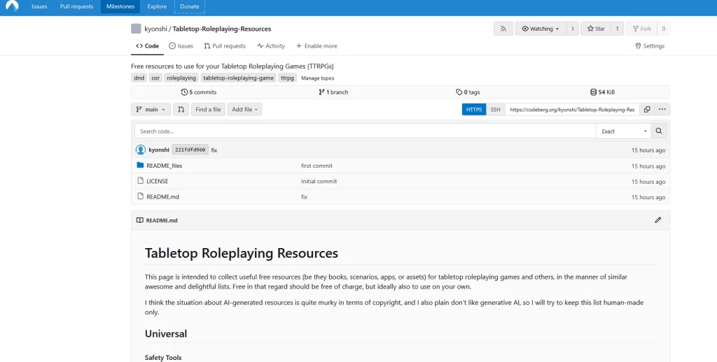 view of git repository page on Codeberg