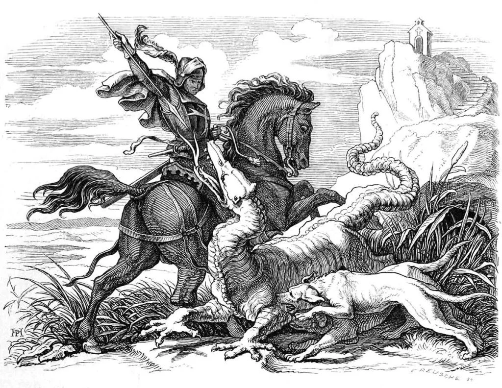 The fight with the dragon.
Hermann Freihold Plüddemann, from "Deutsches Balladenbuch," collective work, Leipzig: 1852
