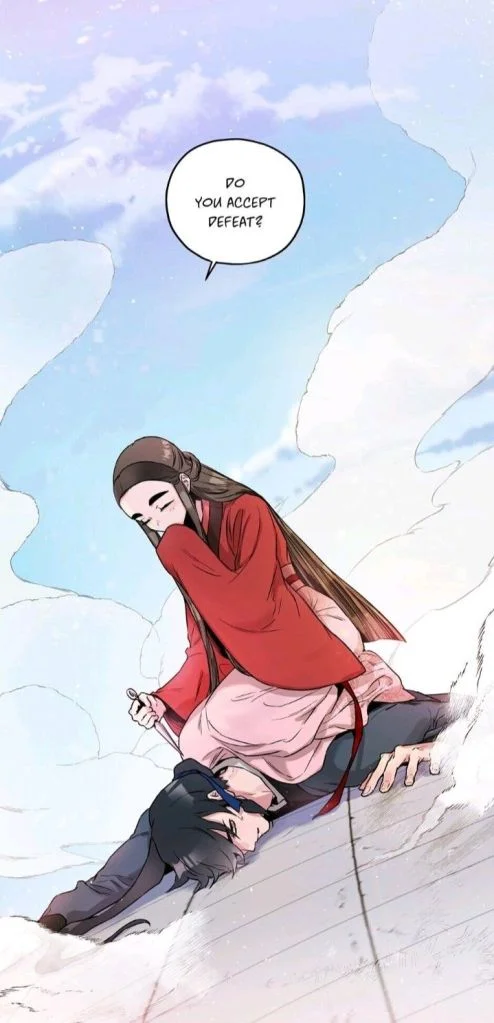 frame from manhua Master Vilainess the Invincible showing the MC pretending to be a shirking maiden while having subdued her opponent and asking "do you accept defeat?"