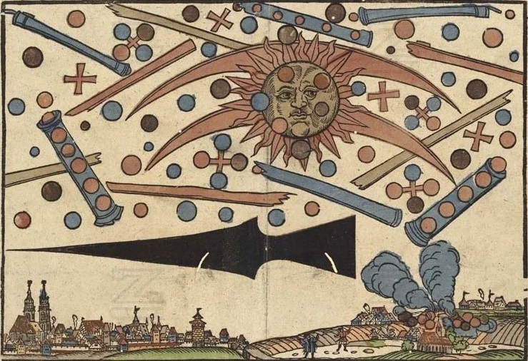The celestial phenomenon over the German city of Nuremberg on April 14, 1561, as printed in an illustrated news notice in the same month