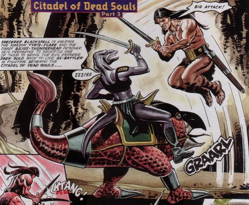 part of comic book showing a barbarian yelling "big attack" jumping onto a surprised grey lizard man riding a red chicken stinger and saying "zzziss"