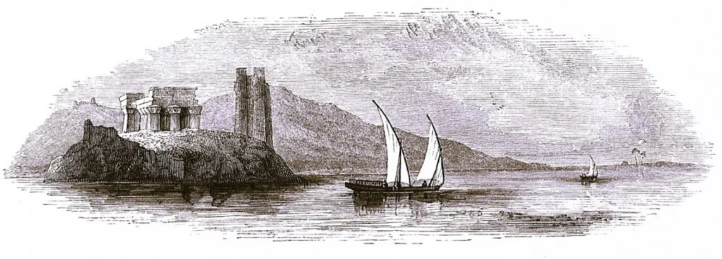 Ruins of the Temple of Ombos with sailing boats in front, lithography 