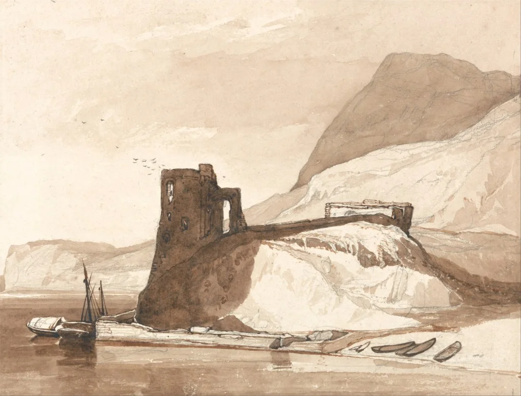 John Sell Cotman - Coast Scene with a Castle, drawing of castle ruin at shore/lakeside, with boats on shore below